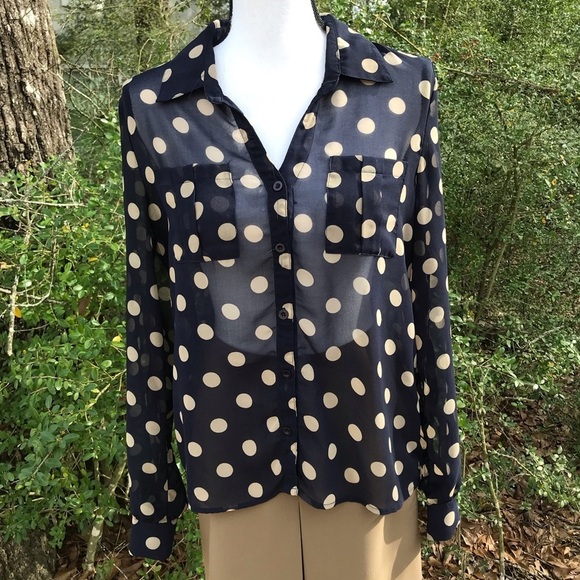 Navy Polka Dot Blouse Sheer by Sans Souci - Picture 4 of 6
